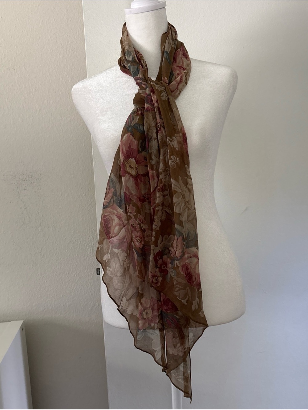 Vintage Ralph Lauren 100% Silk Scarf Brown Pink Floral Sheer Made in Japan 62x14